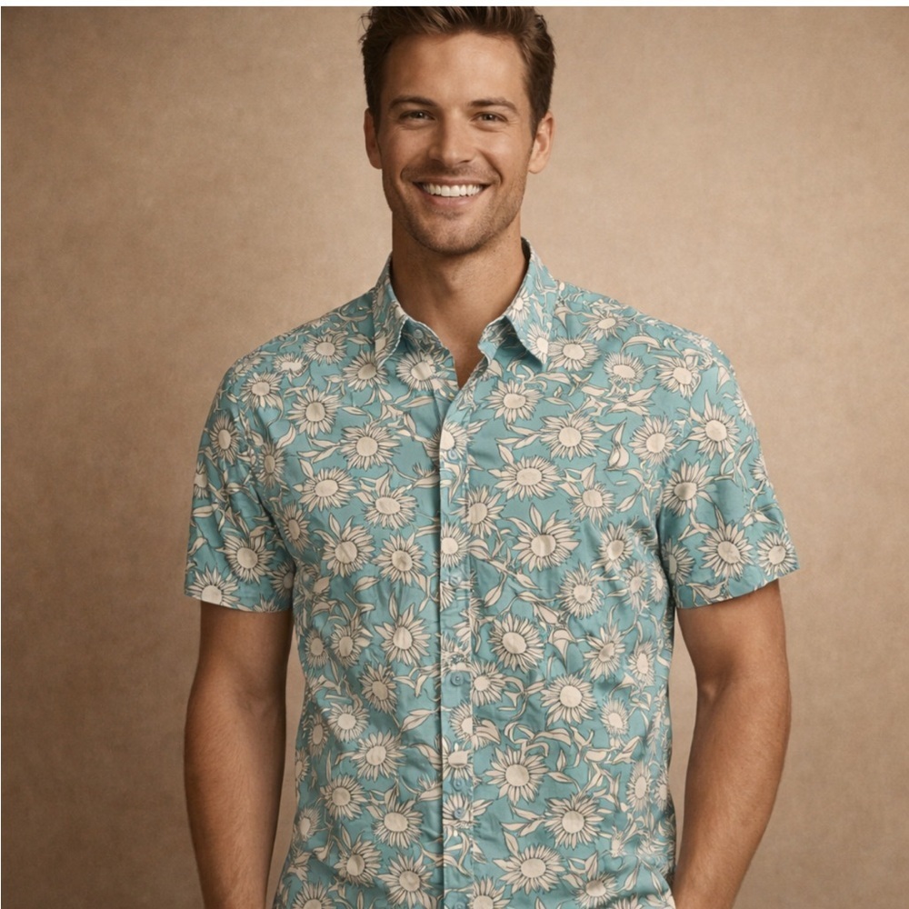 Goodfellow Floral Button Down Shirt XL Teal Tropical Short Sleeve